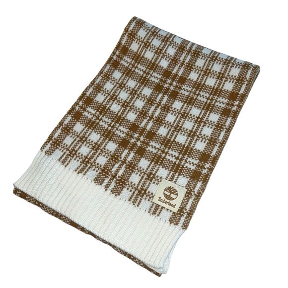 Timberland Buffalo Plaid Knit Scarf Tan Cream NWT - Picture 2 of 8